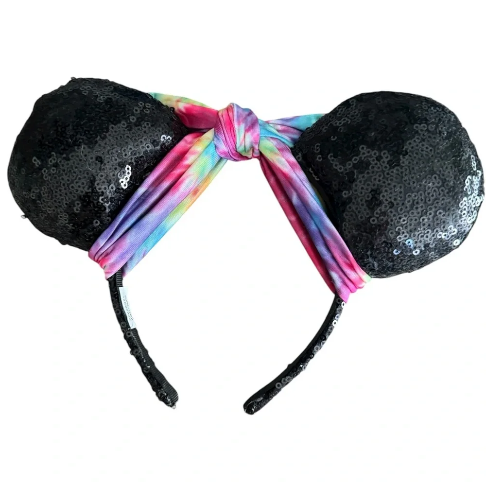 Black Sequin Mouse Ears Headband Tie-Dye Bow | Disney Inspired